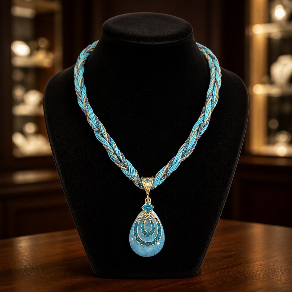 Fashion Jewelry Turquoise Braided Multi Strand Bead Teardrop Pendant Necklace